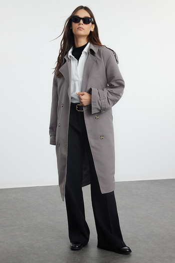 Trendyol Collection Gray Oversize Belted Trench Coat Twoss21Tr0005