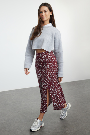 Trendyol Collection Burgundy Slit Detailed Floral Patterned Viscose Fabric Midi Woven Skirt TWOSS20ET0230