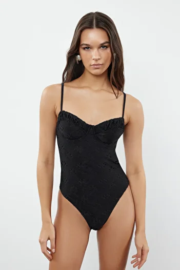 Trendyol Collection Black V-Neck Tie-Up Balconette Premium Fabric Regular Swimsuit Tbess24Ma00064