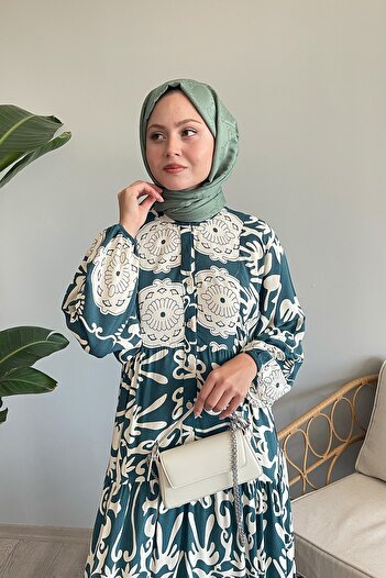 InStyle Πράσινο φόρεμα βισκόζης - Casual Floral σχέδιο και κουμπιά