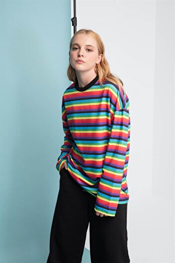 Trendiz Red Yellow Striped Round Neck Sweatshirt Hoodie -141106