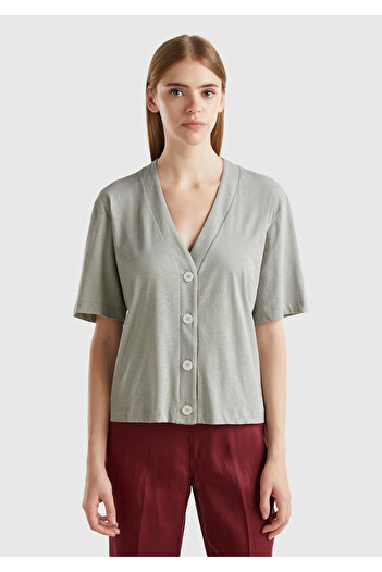 United Colors of Benetton Gray V-neck Cotton and Linen Blend Half Sleeve Cardigan