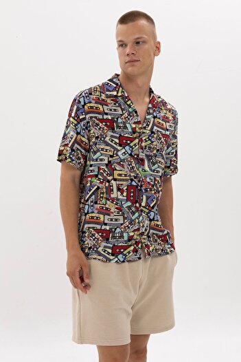 S-Ponder 100% Viscose Cassette Patterned Men's Short Sleeve Shirt