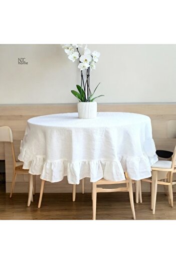NDC HOME Premium White Linen - Frilly Round Tablecloth
