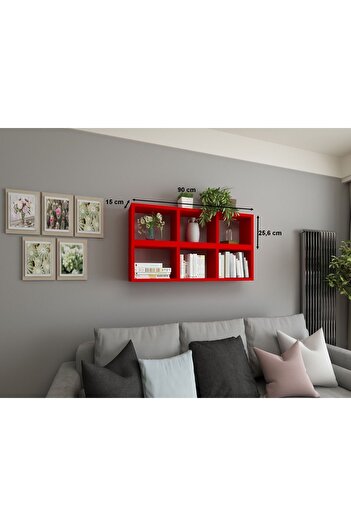Dekormer Design Duvar Rafı Kitaplık Yatay Dikey Takım Kırmızı