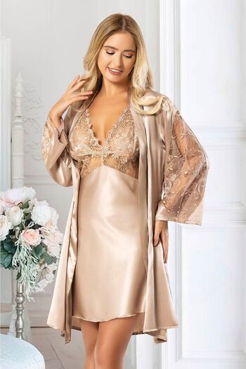 FAAL Satin Lace Detailed Nightgown Dressing Gown Double Set 2038 Mink