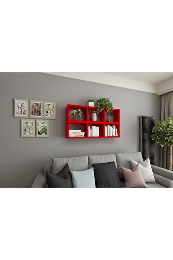 Dekormer Design Duvar Rafı Kitaplık Yatay Dikey Takım Kırmızı