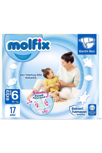 Molfix Extra Large 3D Baby Diapers - 17 Pieces, Standard-6 Pack