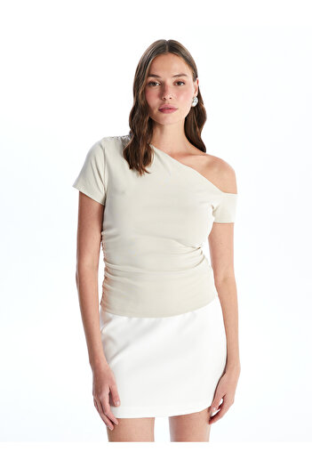 LC Waikiki Γυναικείο T-Shirt - Boat Neck, Μασίφ, κοντομάνικο
