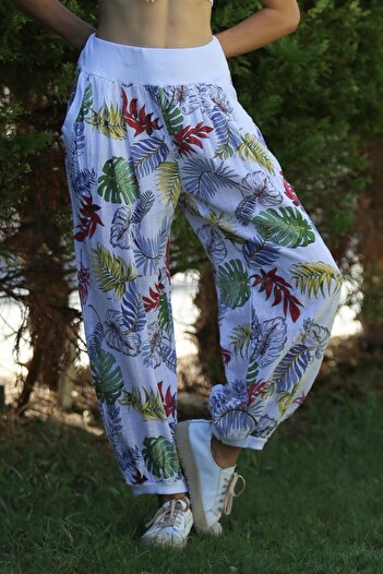 Chiccy Παντελόνι Jogger με διπλή τσέπη με μοτίβο λευκού φύλλου - λαστιχένια μέση, φαρδύ πόδι