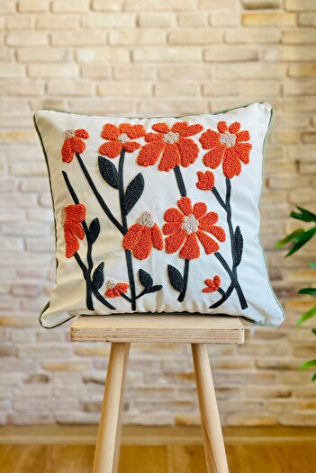 SWITA Single Decorative Daisy Patterned Punch Embroidered Throw Pillow Cover - PONCH