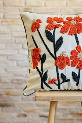 SWITA Single Decorative Daisy Patterned Punch Embroidered Throw Pillow Cover - PONCH