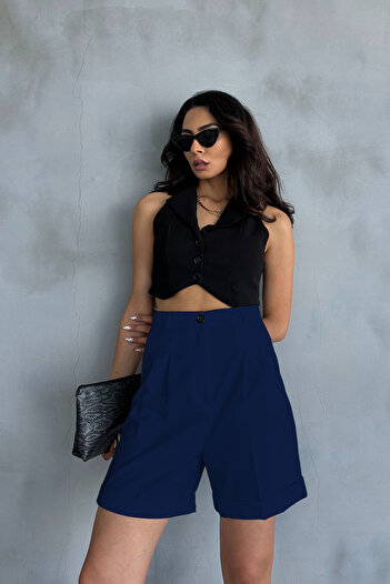 Ortaya Çık Navy Blue Palazzo Shorts - Double Leg, Pleated Fabric