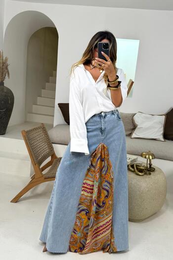 Sohotique By P Fusta albastră Maxi Jean - Model șal de design, fante duble