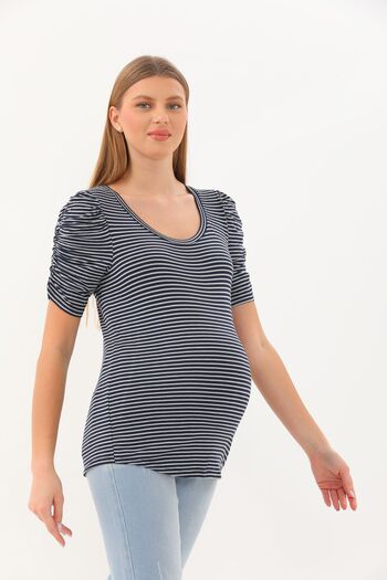 MEGHAN L.A Striped Maternity & Maternity Sleeve Drawstring Blouse