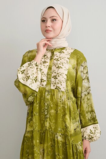 InStyle Khaki Viscose Dress - Crispy Flower Detail