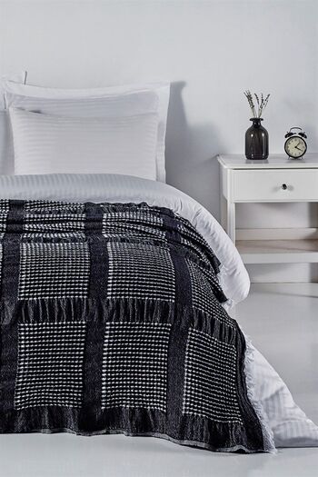 Denizli Concept Cuvertură de pat cu lățime de 230x250 cm cu vafe negre - 100% bumbac, fără călcat și țesut moale