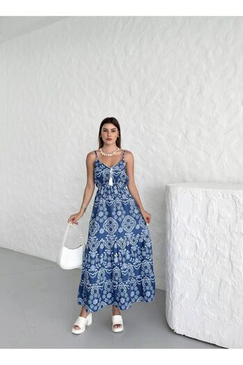 S&A Collectionn Rochie maxi albastră cu imprimeu etnic pentru femei - cu bretele subțiri și talie elastică