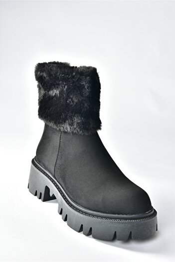 Fox Shoes Siyah Süet Kalın Taban Kadın Kürklü Bot N820203002