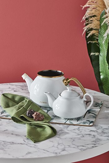 Neva Nv10055 White Enamel Teapot Set with Porcelain Teapot