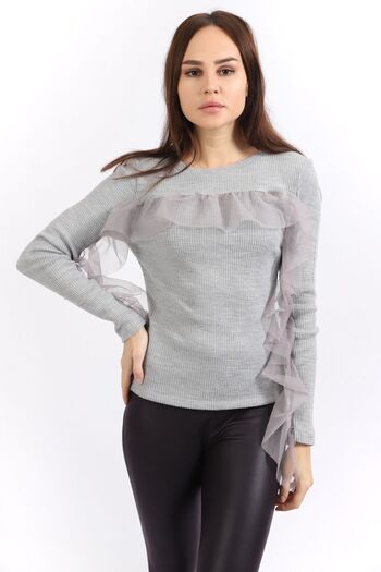 Sense Tulle Camisole Knitwear Blouse with Gathered Front and Sleeves| Blz32462 Gray