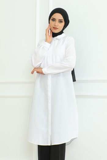Eliva White Buttoned Collar - Long Sleeve Women's Hijab Tunik