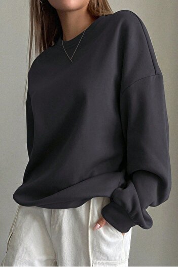 MODAGEN Unisex Antrasit Bisiklet Yaka Düz Oversize Sweatshirt