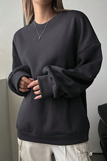 MODAGEN Unisex Antrasit Bisiklet Yaka Düz Oversize Sweatshirt