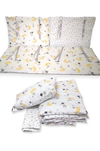 Bebek Özel Montessori 120x200 Sleeping Set - 100% Cotton, Yellow Moon Gray Star, 7 Pieces