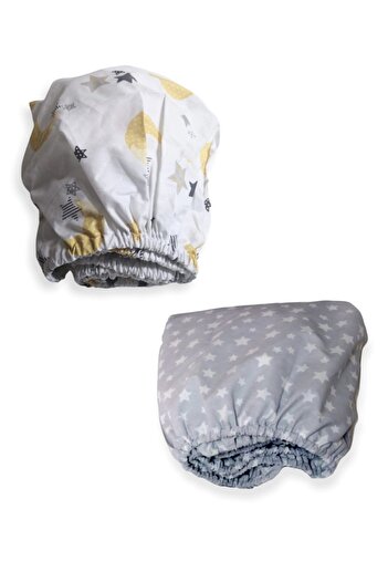 Bebek Özel Gray and Yellow Crescent and Star 100% Cotton Fitted Sheet for Children - 90x190 (2 Pcs)