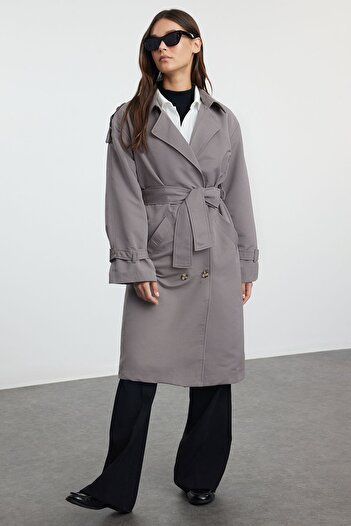 Trendyol Collection Gray Oversize Belted Trench Coat Twoss21Tr0005