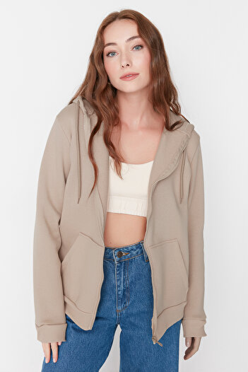 Trendyol Collection Fleece Mink Oversize mikina s kapucí – na zip, uvnitř silná TWOAW21SW0840