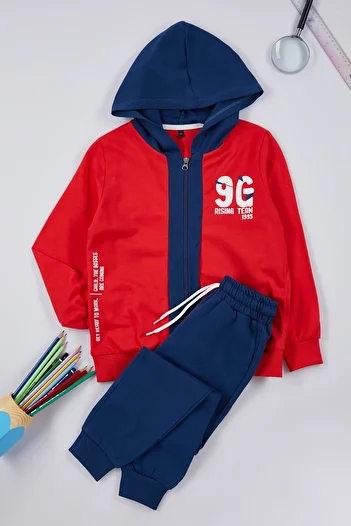 TRENDYOLKIDS Red Boy Slogan Cotton Knitted Bottom-Top Suit Tkdaw25Au00006