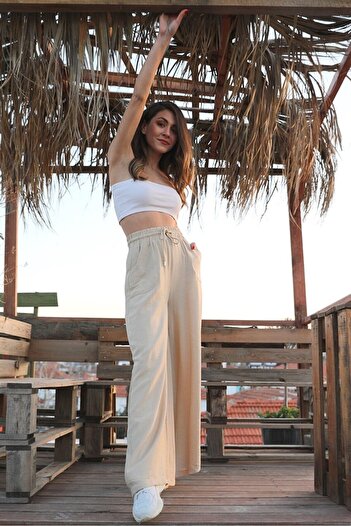 VAPUR Women's Linen Trousers - Wide Belt and Loose Leg, Stone Color