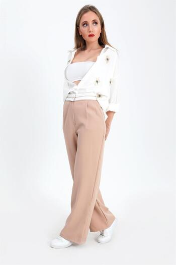 VAPUR TEKSTİL Trousers Palazzo Garni Belted Atlas Fabric - Beige