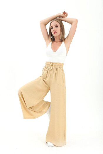 VAPUR Wide Belt Wide Leg Straight Linen Women's Trousers - Cream