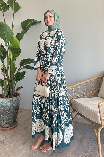 InStyle Πράσινο φόρεμα βισκόζης - Casual Floral σχέδιο και κουμπιά