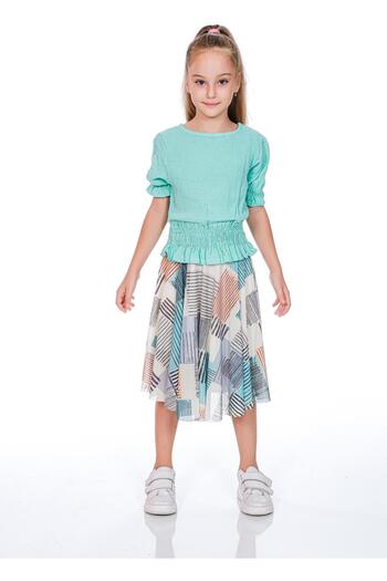 Kamex Girl's Set with Turquoise Muslin Blouse and Tulle Chiffon