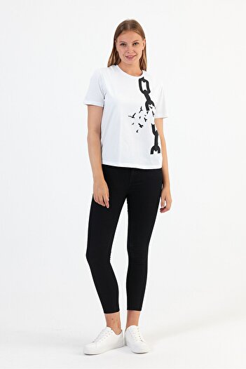 Soho Mood Γυναικείο T-Shirt με Λευκό Πουλί και Τυπωμένη Αλυσίδα 100% Βαμβάκι - Στρογγυλή Λαιμόκοψη
