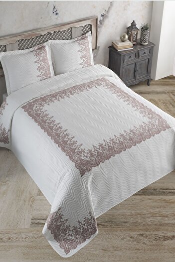 Örtüm Coverlet Lace Brown Double Quilted Bedspread Set - Brown