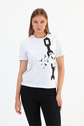 Soho Mood Γυναικείο T-Shirt με Λευκό Πουλί και Τυπωμένη Αλυσίδα 100% Βαμβάκι - Στρογγυλή Λαιμόκοψη