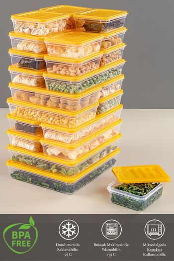 Meleni Home 24 Parça Saklama Kabı , Mikrodalga Uyumlu Saklama Kabı 2x2400Ml 4x1200Ml 6x1170Ml 12x600Ml Sarı
