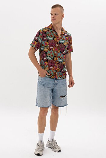 S-Ponder Men's Mexican Kurufaka Print 100% Viscose Short Sleeve Shirt