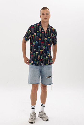 S-Ponder Jellyfish Patterned 100% Viscose Men's Shirt - Short Sleeve