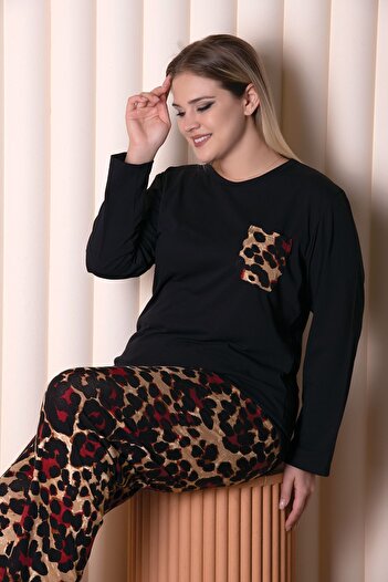 MyBen Black Colored Leopard Patterned Long Sleeve Pajama Set B-2