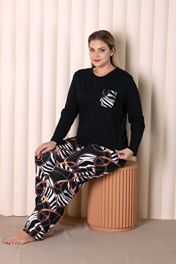 MyBen Large Size Black Colored Chain Patterned Pocket Long Sleeve Battal Pajama Set B-5
