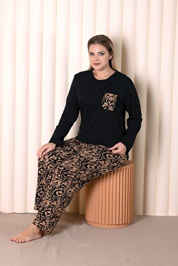 MyBen Large Size Black Colored Patterned Pocket Long Sleeve Battal Pajama Set B-6