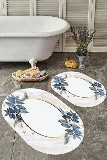 YTR HOME Αντιολισθητική βάση, πλενόμενη σκόνη, ανθεκτική σε λεκέδες, σετ 2 τεμαχίων, οβάλ χαλάκι μπάνιου