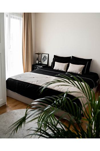 RİTMOHOME 100% Cotton Hotel Series with White Piping - Double Black Duvet Cover Set