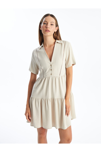 LC Waikiki Linen Blended Embroidered Shirt Collar Women's Dress - Short Sleeve